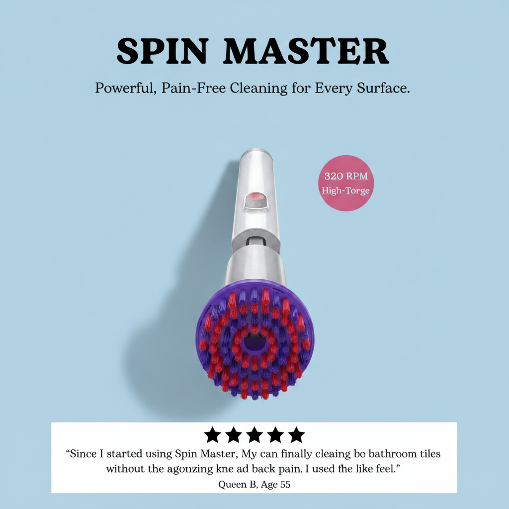 Spin Master electric cleaning brush with a purple and red bristle head and a silver handle, shown on a light blue background with promotional text and a customer review.