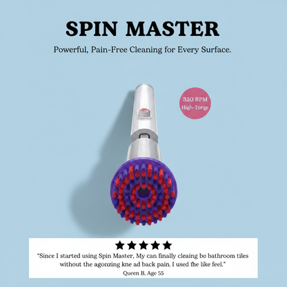 Spin Master electric cleaning brush with a purple and red bristle head and a silver handle, shown on a light blue background with promotional text and a customer review.